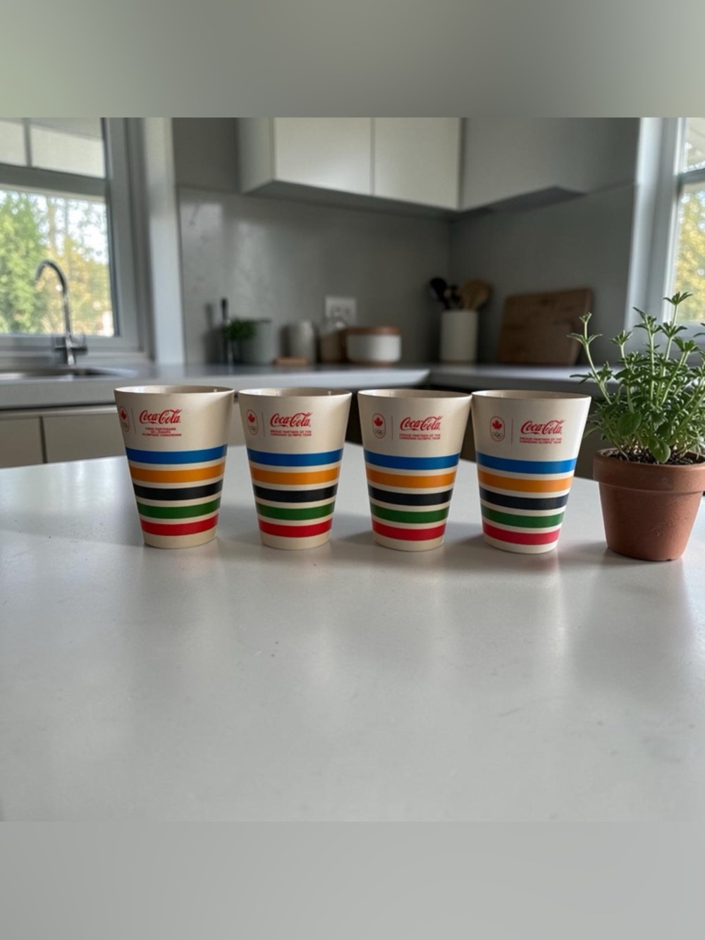 Set Of 4 Coca-Cola Olympic Hard Plastic Drinking Cups Striped Design.